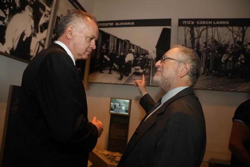 Dr. Robert Rozett (right), Director of Yad Vashem's Libraries, guided the President of the Slovak Republic, Andrej Kiska, through the Holocaust History Museum, which includes a display on anti-Jewish acts in a number of European countries during WWII, inc